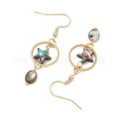天然パウア貝とステンレススチールを使用した女性用ドロップピアス  304ステンレススチールピアスフック付き  ゴールドカラー  スター  52x15.5mm&nbsp;EJEW-JE07076-01