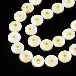 天然淡水シェルエナメルビーズ  花付きフラットラウンド  シャンパンイエロー  11x3mm  穴：0.8mm  約32個/連  14.37インチ（36.5cm）&nbsp;SHEL-N026-194-07