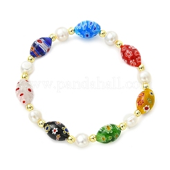 Handmade Millefiori Glass & Natural Cultured Freshwater Pearl Beads Stretch Bracelets for Women&nbsp;BJEW-JB13848