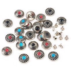 24個 12スタイル 亜鉛合金 & 合成ターコイズボタン  1穴  フラットラウンド  ミックスカラー  12x5mm  穴：2~2.5mm  2個/スタイル&nbsp;FIND-SW0001-35