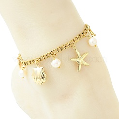 Ocean Natural Pearl & 304 Stainless Steel Starfish Sea Horse Shell Shape Charm Anklets for Women&nbsp;AJEW-AN00826-01