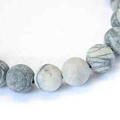 Frosted Natural Black Silk Stone/Netstone Round Bead Strands&nbsp;G-E334-6mm-25