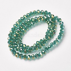 電気メッキ透明ガラスビーズ連売り  フル虹メッキ  多面カット  ロンデル  ティール  3x2mm  穴：0.8mm  約150~155個/連  15~16インチ（38~40cm）&nbsp;EGLA-A034-T2mm-T05