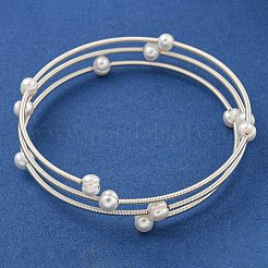 3ループの真鍮と天然淡水パールビーズのラップブレスレット（女性用）  銀  内径：2インチ（5.2cm）&nbsp;BJEW-F470-01S