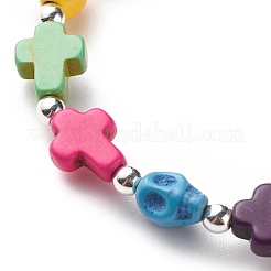 Synthetic Turquoise(Dyed) Cross & Skull Beaded Stretch Bracelet&nbsp;BJEW-JB08449-02