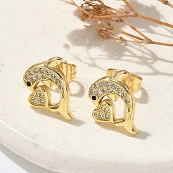 マイクロパヴェキュービックジルコニアスタッドピアス  長持ちメッキ  18KGP本金メッキ  イルカ  12.5x13.5mm&nbsp;EJEW-D305-05G