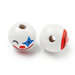プリントウッドヨーロピアンビーズ  ピエロ模様の丸型  ホワイト  19~20mm  穴：4~5mm&nbsp;WOOD-G022-06G
