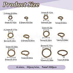 300個 6スタイル 真鍮オープン丸カン  ラウンド  カドミウムフリー＆鉛フリー  アンティークブロンズ  4~10x0.8~1mm  18ゲージ  内径：2.4~8mm  50個/スタイル&nbsp;KK-LP0001-37