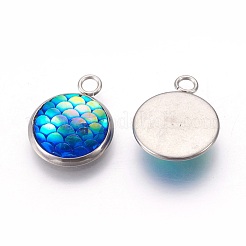 樹脂チャーム  304ステンレススチール製金具付き  人魚の鱗を丸めた形の円形  ステンレス鋼色  ディープスカイブルー  18x14x3.5mm  穴：2mm&nbsp;X-RESI-L024-06