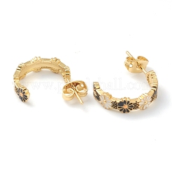 半円形真鍮エナメルハーフフープピアス  耳ナッツ  デイジー  ブラック＆ホワイト  ゴールドカラー  20x4mm  ピン：0.7mm&nbsp;EJEW-L234-036G