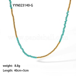 女性用ガラス＆ステンレススチール製ラウンドビーズネックレス  18KGP本金メッキ  シーグリーン  15.75インチ（40cm）&nbsp;PH3717-2