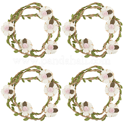 ポリエステル＆リネンフラワーラタン麦わら帽子バンド4個  フローラルホワイト  1100mm  花：40x40x14mm&nbsp;AJEW-CN0004-40A