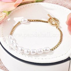 304ステンレススチール製ボストンリンクチェーンブレスレット（女性用）  イミテーションパールビーズ付き  18KGP本金メッキ  7-7/8インチ（20cm）&nbsp;BJEW-C089-10G