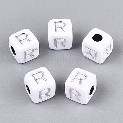 不透明なアクリルビーズ  文字付きのキューブ  シルバーライン入り  文字r  9~10x9~10x9~10mm  穴：4mm  約625個/500g&nbsp;SACR-T035-03R