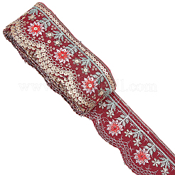 7.5ヤードのヴィンテージジャカードポリエステルレースリボン  花  刺繍入りの織りリボン  スパンコール  暗赤色  2-3/8インチ（60mm）&nbsp;SRIB-CY0001-42A