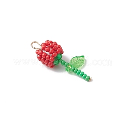 グレードA 丸型ガラスシードビーズ アクリルフラワーチャーム  304ステンレス鋼フラットヘッドピン  レッド  28.5x13x10mm  穴：3mm&nbsp;PALLOY-MZ00690-04