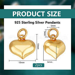 スターリングシルバーペンダント2個925個  丸カン付きのふくらんだハートのチャーム  ゴールドカラー  10x10x5mm  穴：3mm&nbsp;STER-BC0002-83B-G
