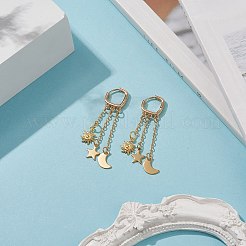 太陽と月と星のステンレス ダングル フープ イヤリング  女性のための長いタッセル真鍮ドロップイヤリング  ゴールドカラー  45mm  ピン：1mm&nbsp;EJEW-JE05136