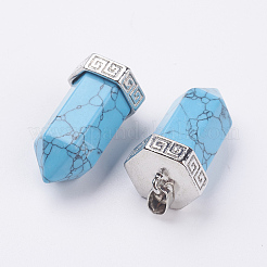 天然/合成混合石先の尖ったペンダント  真鍮のパーツと  弾丸  プラチナ  39x18mm  穴：4.5x5.5mm&nbsp;G-E442-03