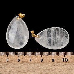 天然石クオーツクリスタルペンダント  真鍮製の金具が付いたロッククリスタルのティアドロップチャーム  ゴールドカラー  34x20x8mm  穴：4x5mm&nbsp;G-I387-03D-G