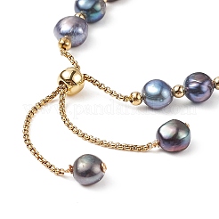 Dyed Natural Pearl & Brass Round Beaded Slider Bracelet&nbsp;BJEW-JB09008-03