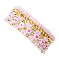 5個 5スタイル ハートアクリル&ガラスシードビーズストレッチブレスレットセット  女性用スタッカブルブレスレット  ピンク  内径：2~2-3/8インチ（5.2cm）  1個/スタイル&nbsp;BJEW-JB10473-02