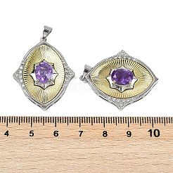 菱形の天然アメジストペンダント  真鍮パーツとキュービックジルコニア  ラックめっき  32.5x26x6.5mm  穴：3.5x4mm&nbsp;G-C172-09GP