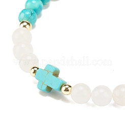 Synthetic Turquoise(Dyed) & Hematite & Natural White Jade Beaded Stretch Bracelet with Cross&nbsp;BJEW-JB08287-03