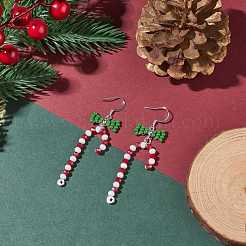 Glass Beaded Christmas Candy Cane with Bowknot Dangle Earrings&nbsp;EJEW-TA00080
