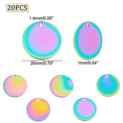 イオンプレーティング(IP) 304ステンレススチールペンダント20個  空白タグのスタンプ  フラットラウンド  虹色  20x1mm  穴：1.4mm&nbsp;STAS-DC0008-38