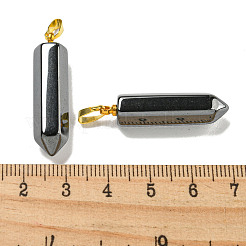 天然の黒い石の六角柱の尖ったペンダント  ファセット加工された弾丸チャームと金メッキの真鍮スナップオンベイル  33x8x8mm  穴：6x2.5mm&nbsp;G-P531-02G