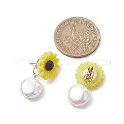 天然パール&樹脂ひまわりスタッドピアス  304ステンレスピン付き  きいろ  29x16.5mm&nbsp;EJEW-JE05693-01