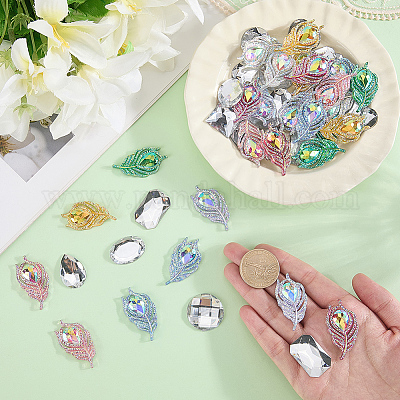 樹脂カボション  ラインストーン付き  葉  アクリルで縫い付けたラインストーン  ミックスカラー  38.5x20x4mm  48pc&nbsp;DIY-SC0033-55A-1