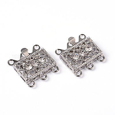 真鍮の細工箱の留め金  ラインストーン付き  長方形  プラチナ  17x18x7mm  穴：1.5mm&nbsp;KK116-1