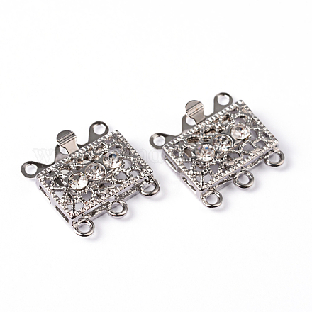 真鍮の細工箱の留め金  ラインストーン付き  長方形  プラチナ  17x18x7mm  穴：1.5mm&nbsp;KK116-1