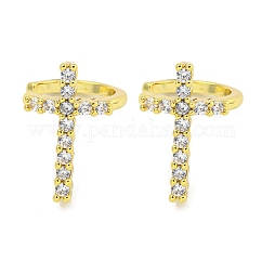 Brass Micro Pave Cubic Zirconia Cuff Earrings, Cross, Real 18K Gold Plated, 12.5x16.5mm