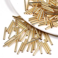Electroplate Glass Bugle Beads, Round Hole, Metallic Colours, Golden Plated, 17.5~20x1.5~2.5mm, Hole: 0.5~1mm, about 2250pcs/bag