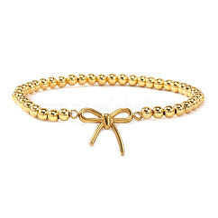 Bowknot 304 Stainless Steel Link Bracelets, Brass Round Beads Stretch Bracelets for Women, Golden, 6.89 inch(17.5cm)