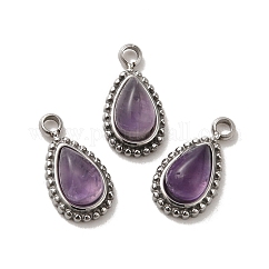 Natural Amethyst Teardrop Charms, with 304 Stainless Steel Settings High Polished, Stainless Steel Color, 11.5x6x4mm, Hole: 1.4~1.5mm