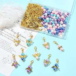 DIY天使ペンダント作りキット  合金、模造真珠、ラウンド、ラインストーンビーズを含む  亜鉛合金カニカン  鉄平頭ピン  合金デイジースペーサービーズ  ゴールドカラー  22x9x3mm  穴：1mm  16pc&nbsp;DIY-FS0009-81
