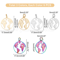18個3色201ステンレスペンダント  地図付きリング  ミックスカラー  20x17.5x1mm  穴：3mm  6個/カラー&nbsp;STAS-DC0003-05