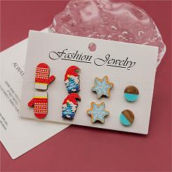 4 Pairs Snowflake & Glove & Christmas Gnome Printed Wood Stud Earrings&nbsp;EJEW-OY001-04