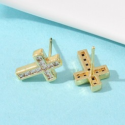 真鍮マイクロパヴェクリアキュービックジルコニアクロススタッドピアス  長持ちするプレート  ラックめっき  鉛フリー＆カドミウムフリー  18KGP本金メッキ  13x9.5mm&nbsp;EJEW-F400-22B-G