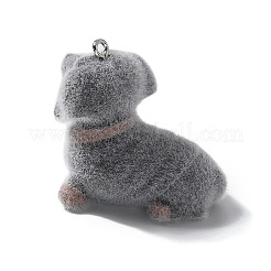 フロッキー樹脂ペンダント  犬  プラチナトーンのアイアンループ付き  グレー  35.5x20x33mm  穴：2mm&nbsp;FIND-A047-04P-02