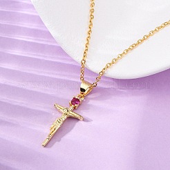 Religion Brass Pave Deep Pink Cubic Zirconia Jesus Cross Pendant Necklaces&nbsp;NJEW-L184-01G
