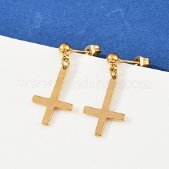 クリスチャン逆十字201ステンレススチールダングルスタッドピアス  304ステンレスピン付き  ゴールドカラー  27.5x12.5mm&nbsp;EJEW-P314-01A-G