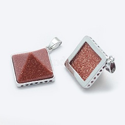 合成ゴールドストーン金砂石ペンダント  真鍮パーツ  ピラミッド  プラチナ  32x28.5x14mm  穴：6x3mm&nbsp;G-O163-F04