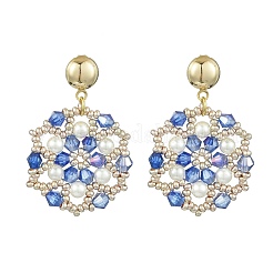 Flower Handmade Glass Seed Beads & Shell Pearl Dangle Stud Earrings&nbsp;EJEW-MZ00361-03