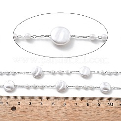 手作りの304ステンレススチールチェーン  ABSの模造パールと  ハンダ付け  フラットラウンド  スプールで  ステンレス鋼色  10x3.5mm  約16.40フィート（5m）/ロール&nbsp;CHS-K020-05P