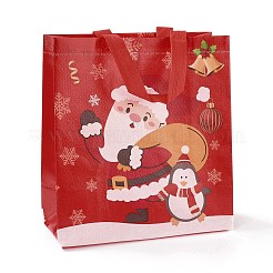 クリスマステーマラミネート不織布防水バッグ  ヘビーデューティストレージ再利用可能なショッピングバッグ  ハンドル付き長方形  ファイヤーブリック  サンタクロース模様  26.8x12.2x28.7cm&nbsp;X1-ABAG-B005-01B-01